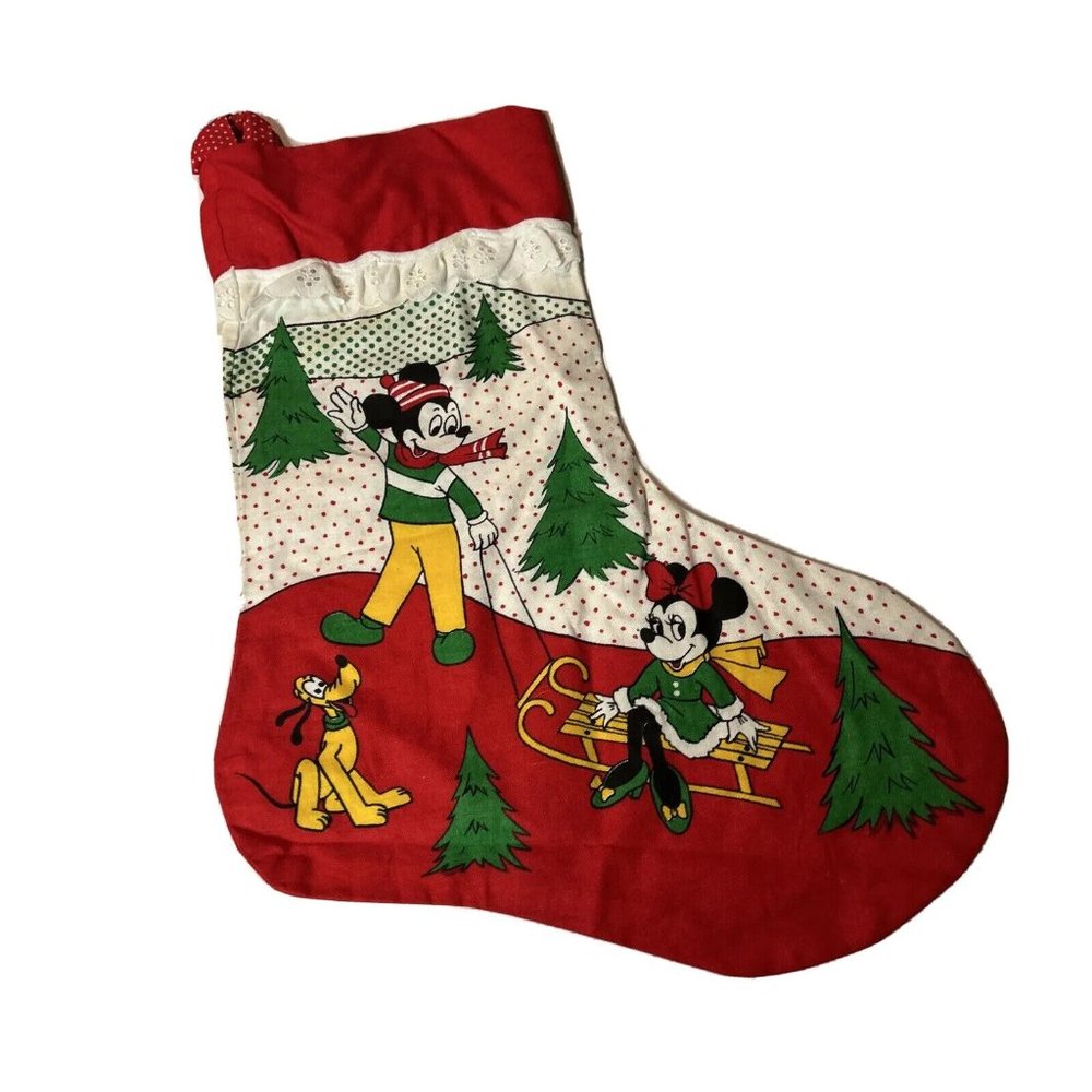 Vintage Christmas Stocking Mickey Minnie Mouse Tree Farm Pluto Sled